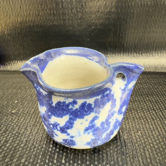Vintage Miniature Cobalt Blue White Spongeware Pottery Stoneware Hanging Pitcher - Picture 11 of 11
